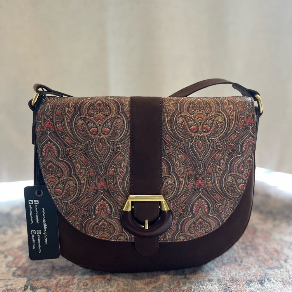 Sharif 1827 Brown Paisley Saddle Shoulder Bag with Gold Accent- NWT